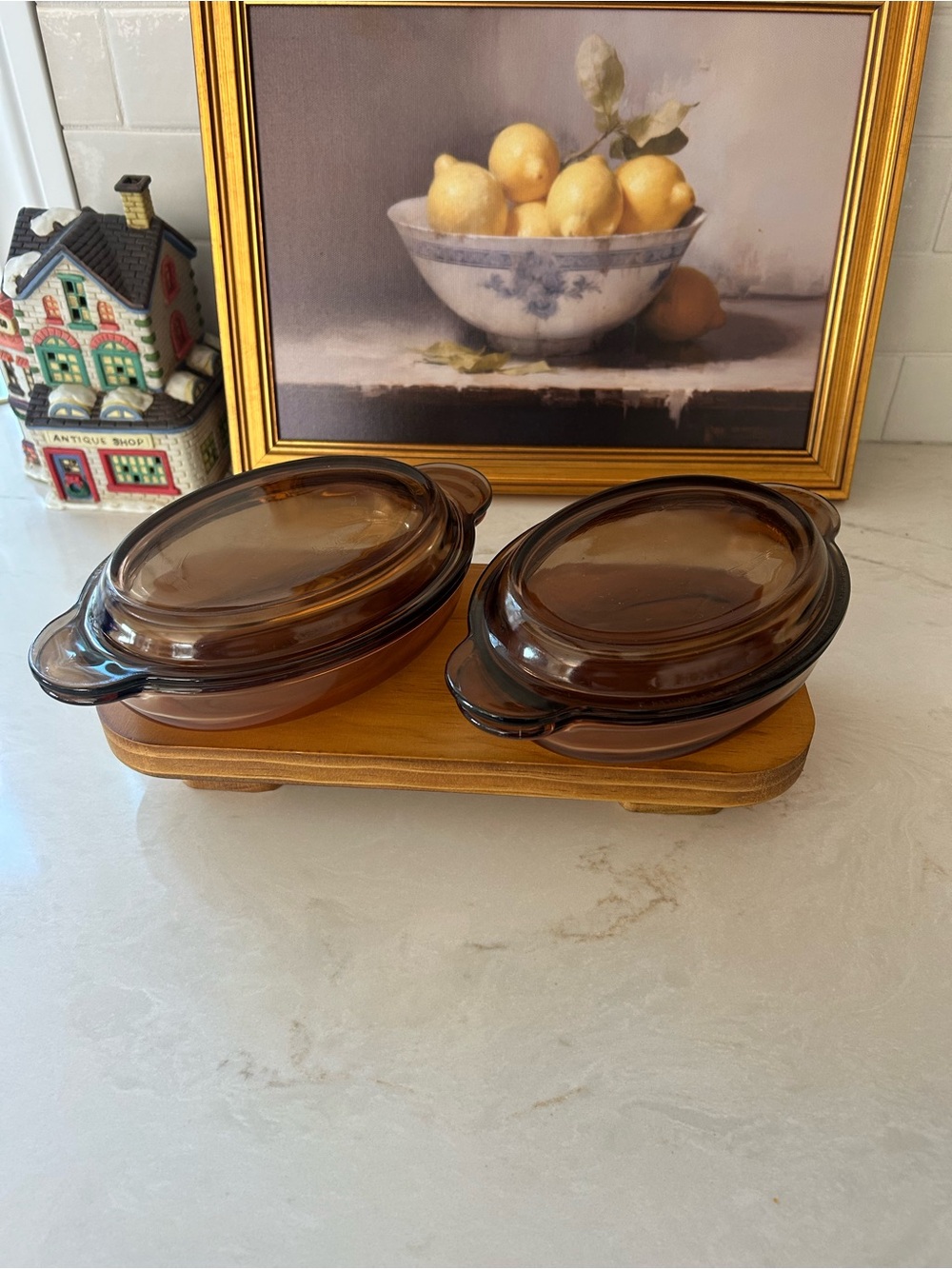 Vintage Corning Visions Amber Oval Casserole Dishes with Lids Set of 2